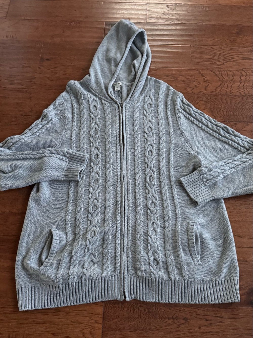 L.L. Bean Gray Cable Knit Hooded Zip Sweater